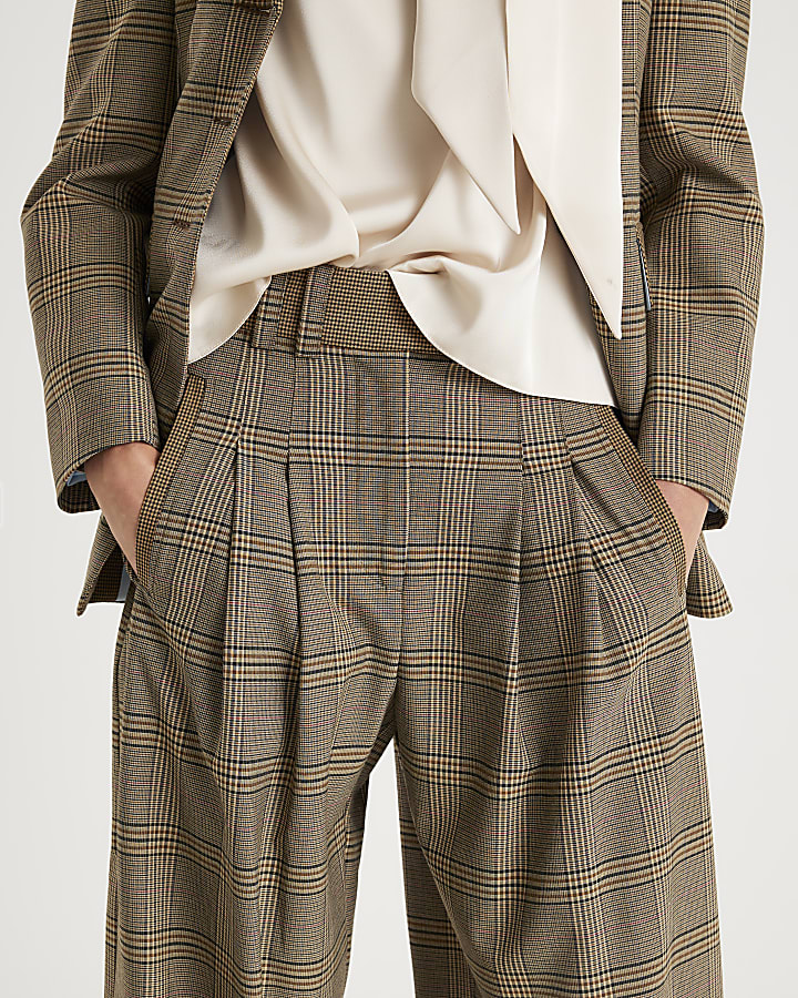 Brown Check Print Wide Leg Trousers
