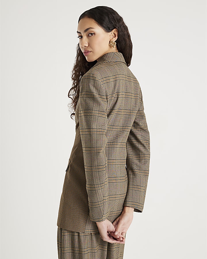 Brown Check Print Fitted Waist Blazer