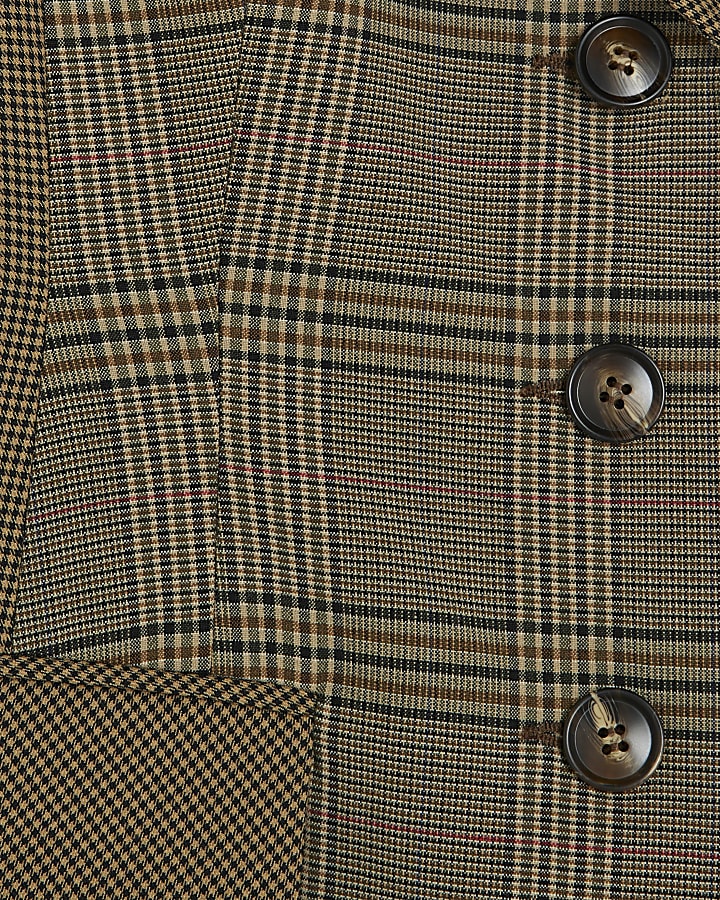 Brown Check Print Fitted Waist Blazer