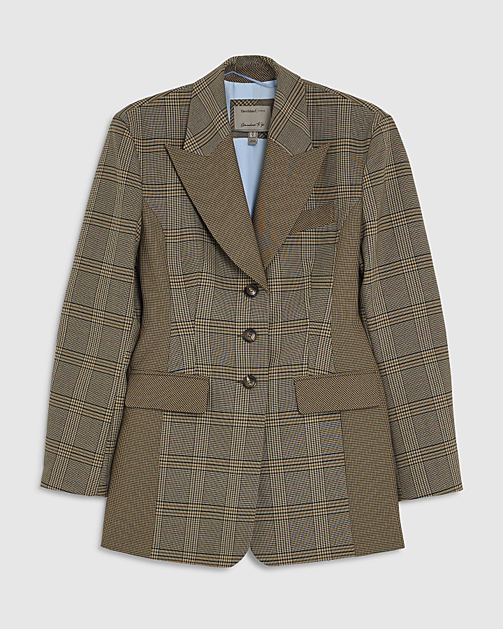 Brown Check Print Fitted Waist Blazer
