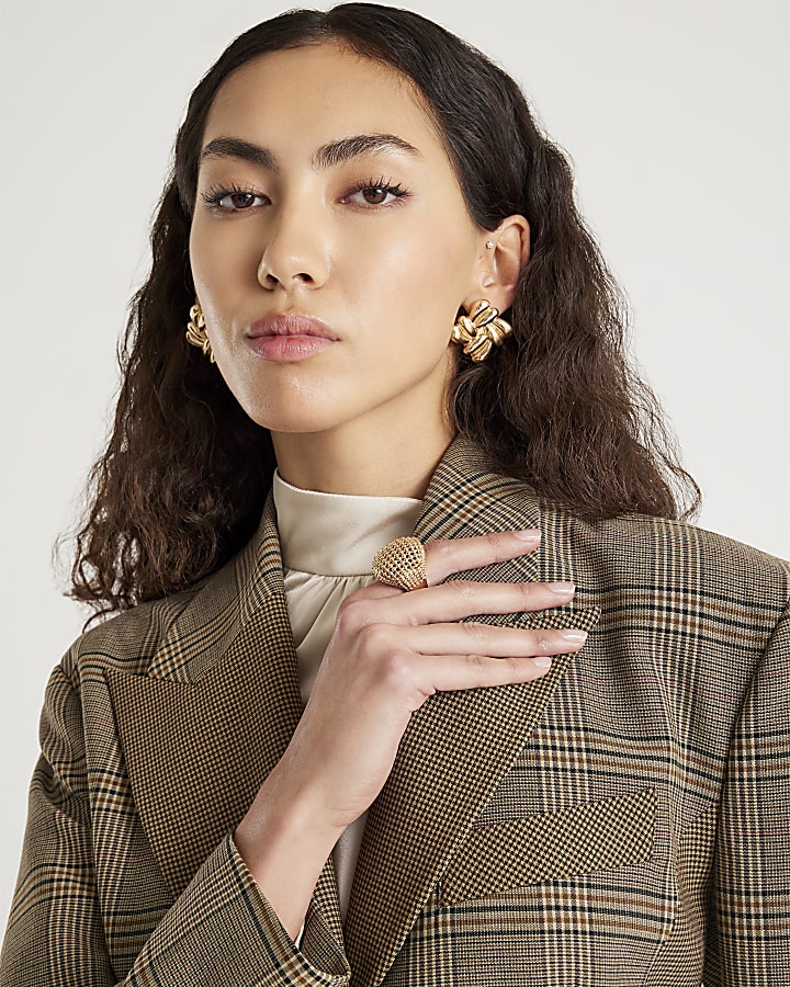 Brown Check Print Fitted Waist Blazer