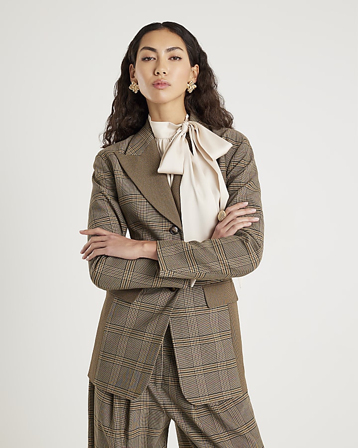Brown Check Print Fitted Waist Blazer