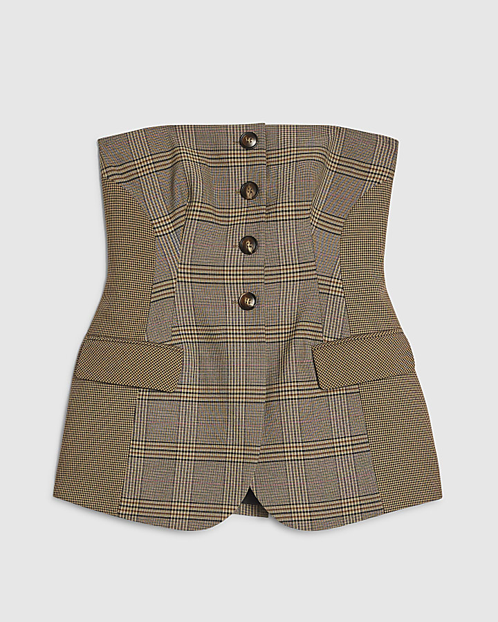 Brown Sleeveless Check Print Bandeau Top