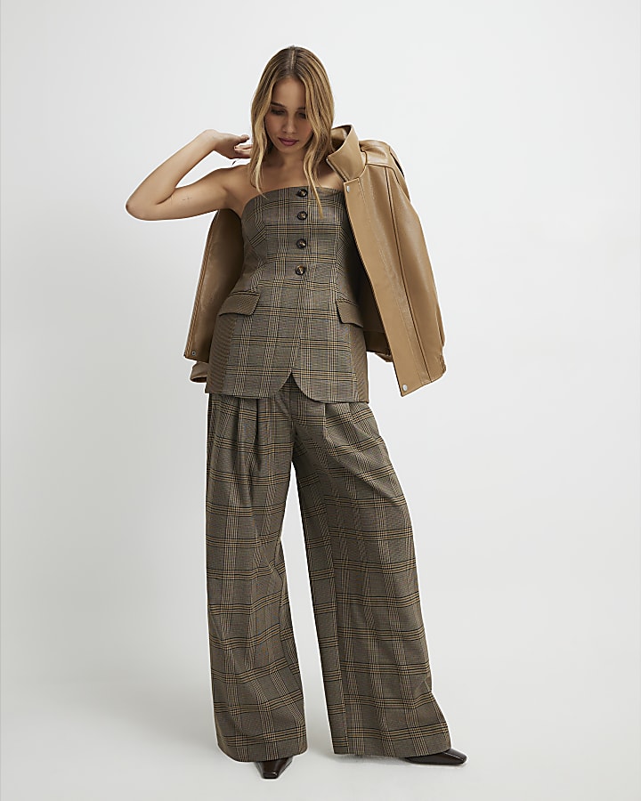 Brown Sleeveless Check Print Bandeau Top