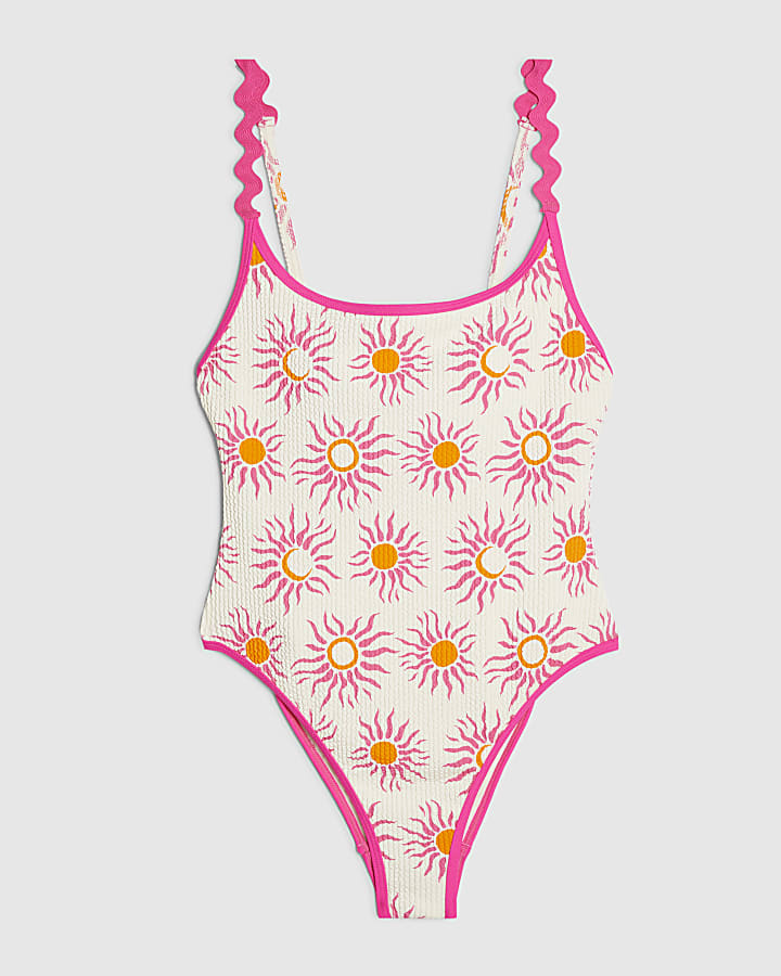 White Sun Print Textured Swimsuit