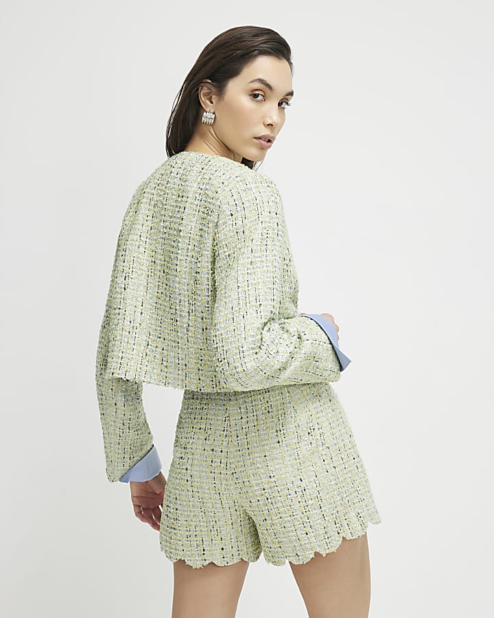 Green Scallop Trim Boucle Shorts