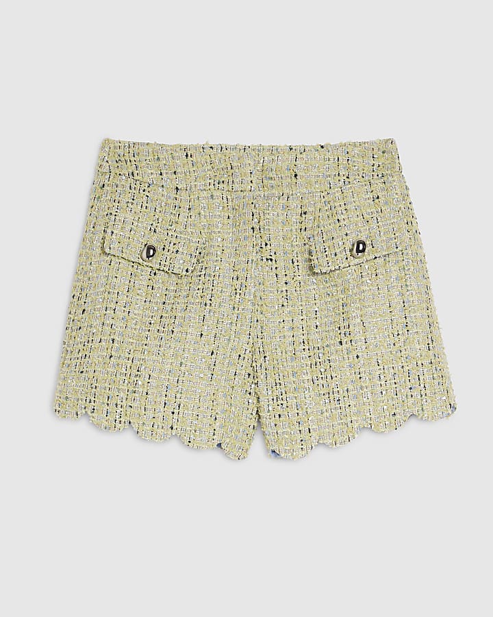 Green Scallop Trim Boucle Shorts