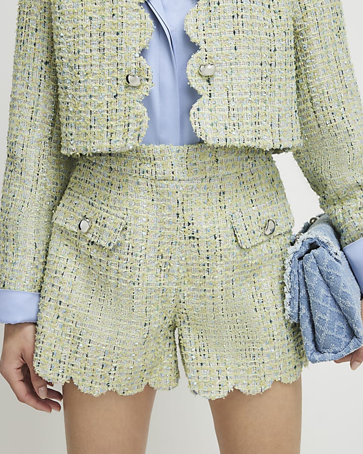 Green Scallop Trim Boucle Shorts