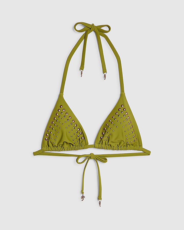 Khaki Studded Triangle Bikini Top