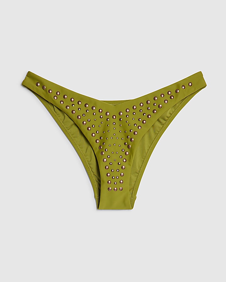 Khaki Studded Low Waisted Bikini Bottoms