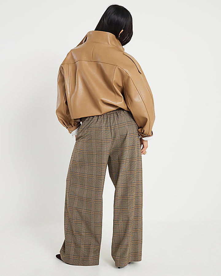 Petite Brown Check Print Wide Leg Trousers