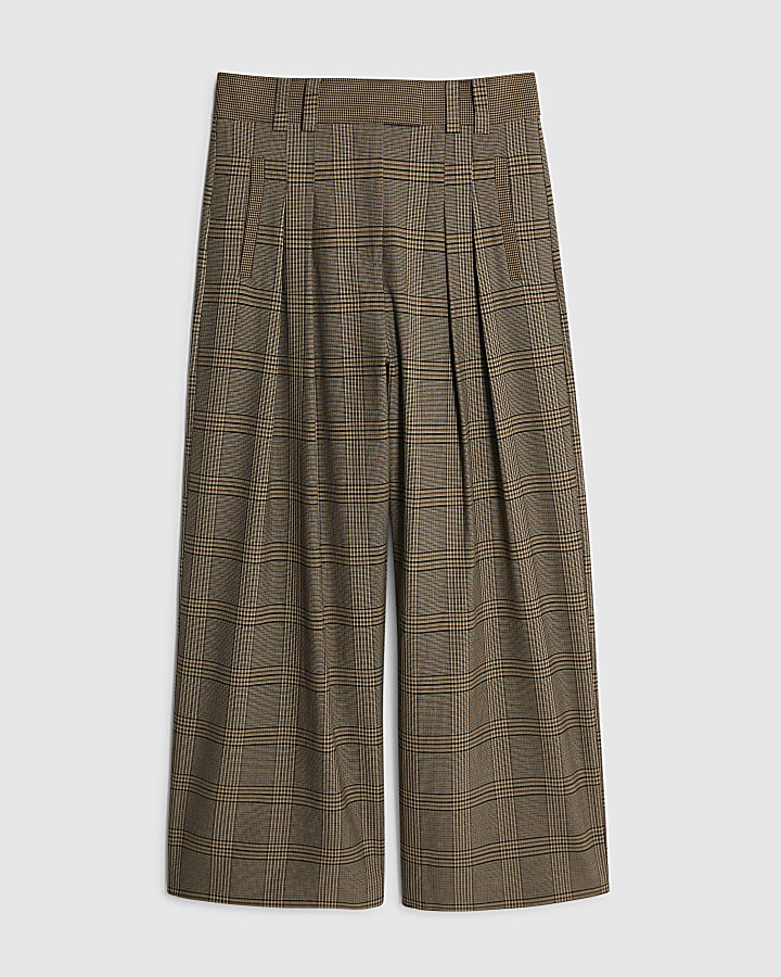 Petite Brown Check Print Wide Leg Trousers
