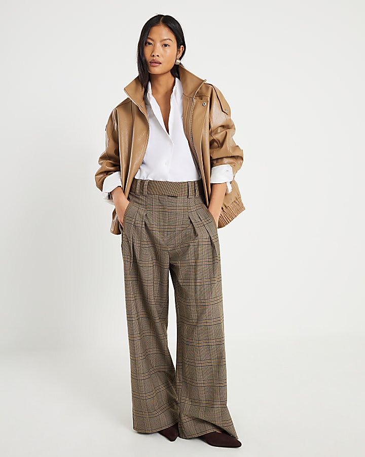 Petite Brown Check Print Wide Leg Trousers