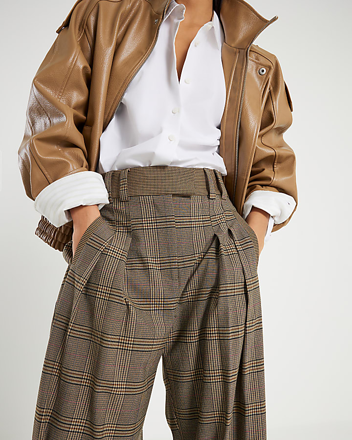 Petite Brown Check Print Wide Leg Trousers