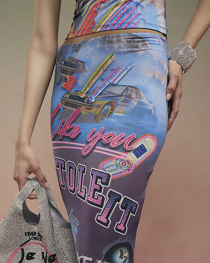 Grey Year Zero All Over Print Midi Skirt