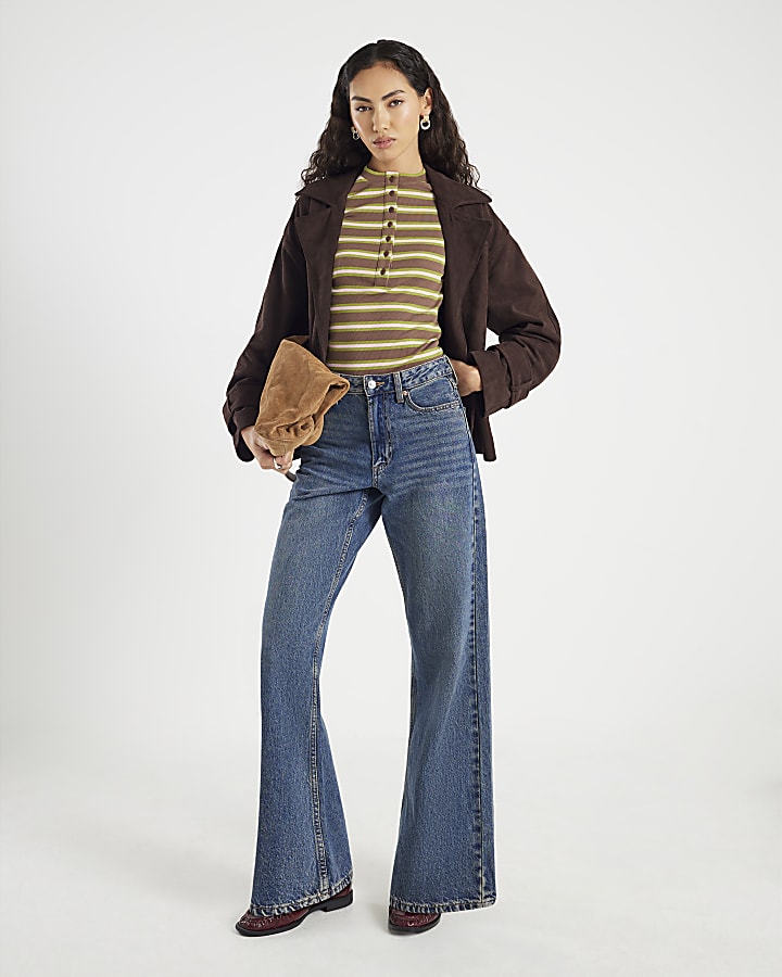 Brown Striped Short Sleeve Ribbed Top