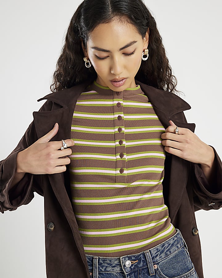 Brown Striped Short Sleeve Ribbed Top