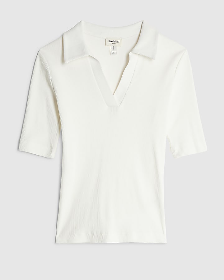 Cream Short Sleeve Ribbed Polo Top