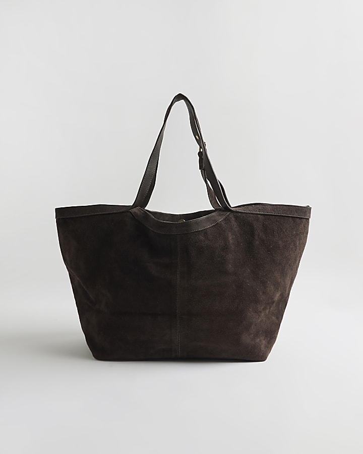 Brown Buckle Handle Suede Shopper Bag