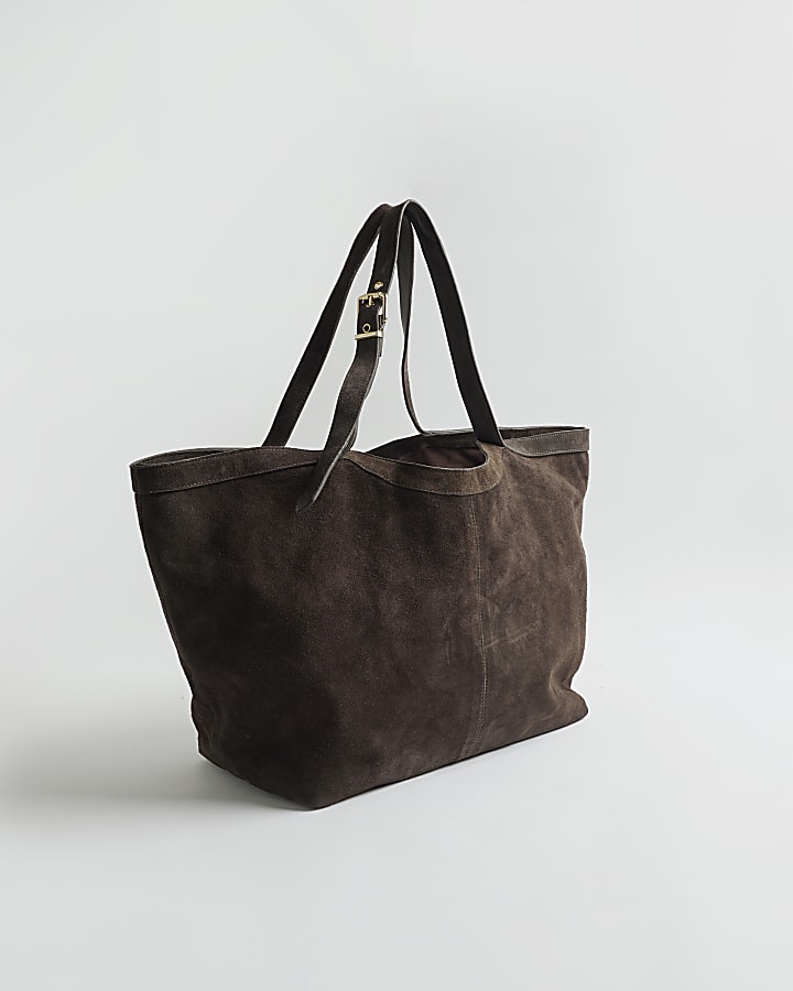 Brown Buckle Handle Suede Shopper Bag