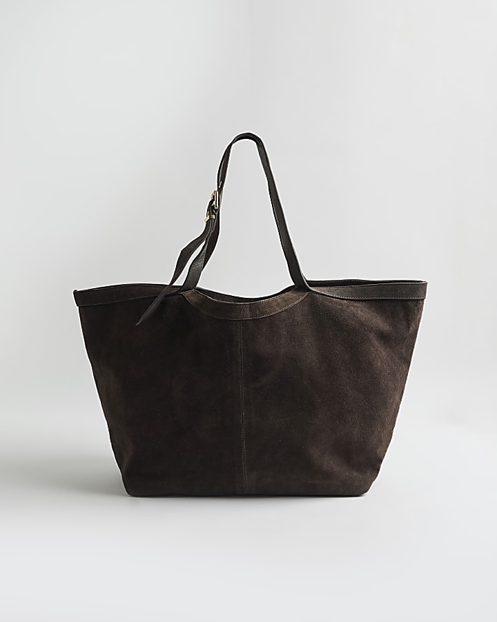 Brown Buckle Handle Suede Shopper Bag