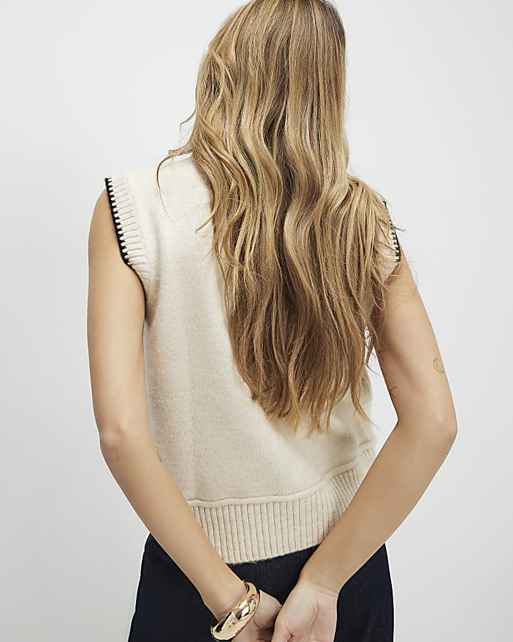 Cream Knitted Tie Neck Waistcoat