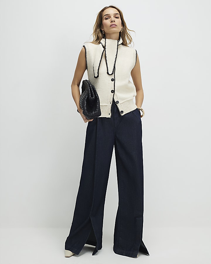 Cream Knitted Tie Neck Waistcoat