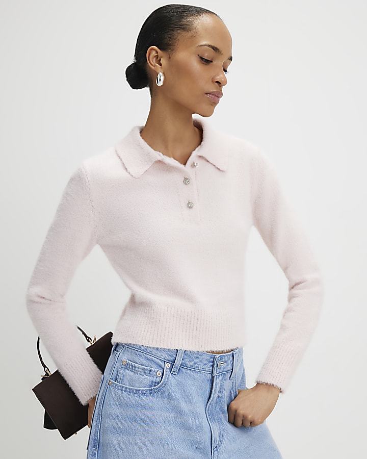 Pink Long Sleeve Fluffy Polo Top