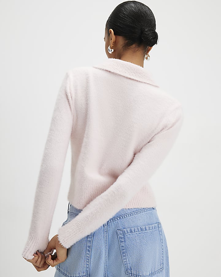 Pink Long Sleeve Fluffy Polo Top