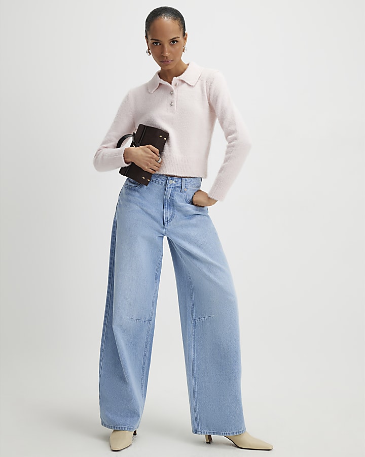 Pink Long Sleeve Fluffy Polo Top