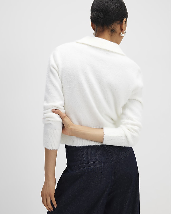 White Fluffy Knit Polo Top