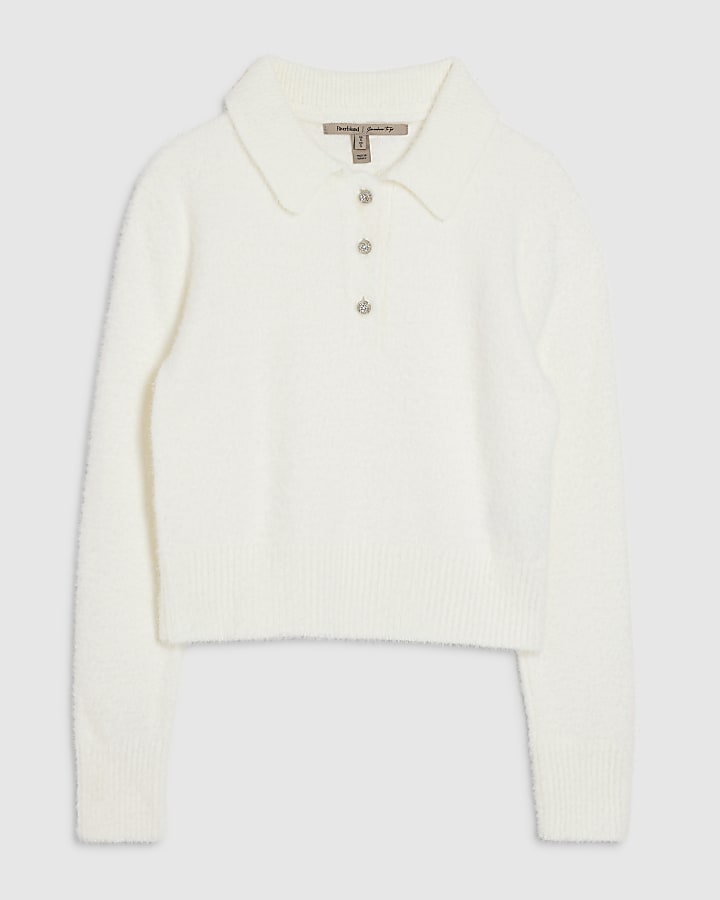 White Fluffy Knit Polo Top