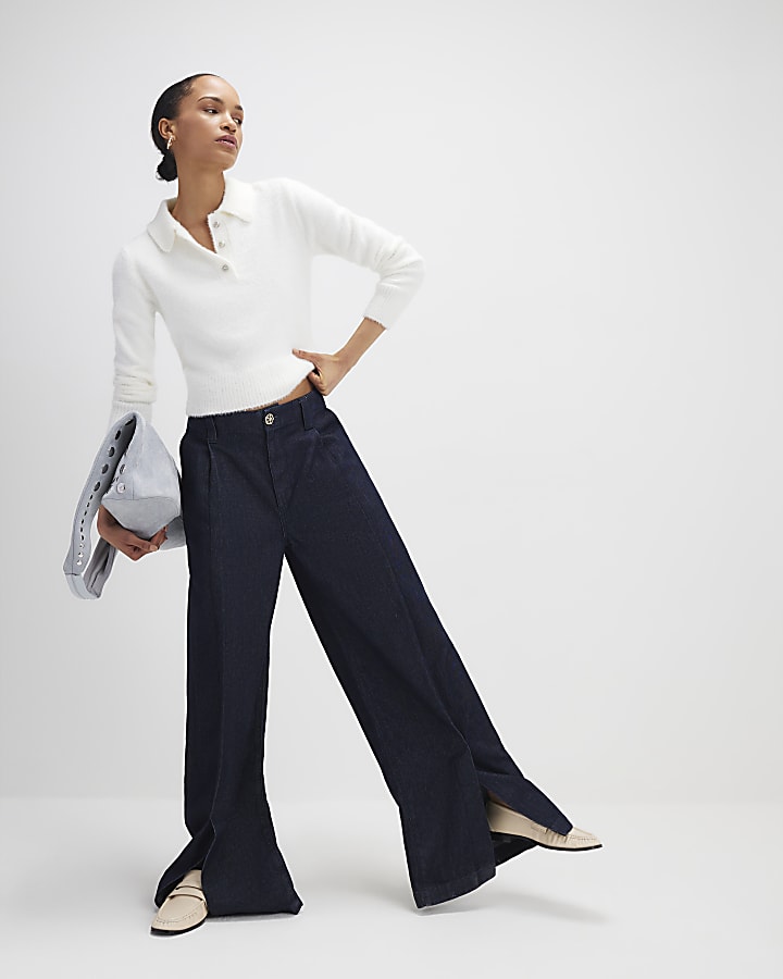 White Fluffy Knit Polo Top