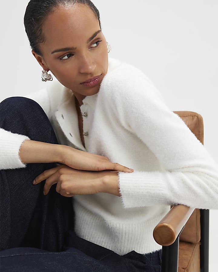 White Fluffy Knit Polo Top