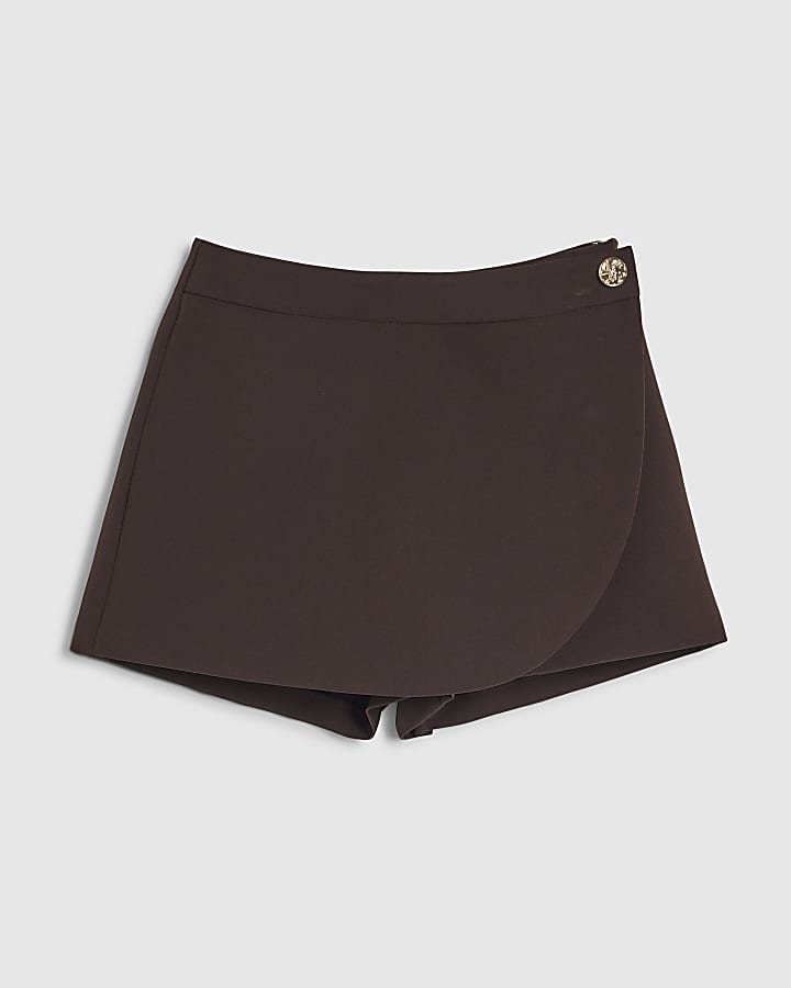 Brown Wrap Button Detail Skort