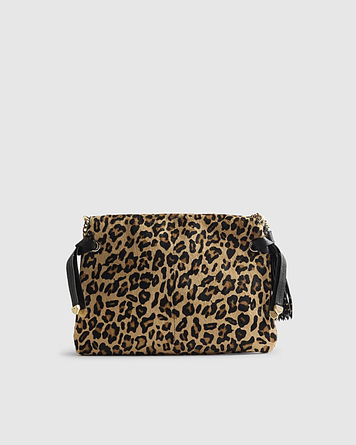 Brown Pony Hair Leopard Print Shoulder Bag