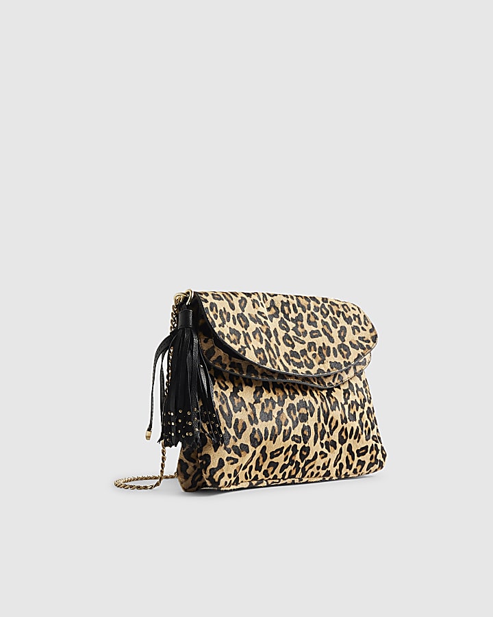 Brown Pony Hair Leopard Print Shoulder Bag