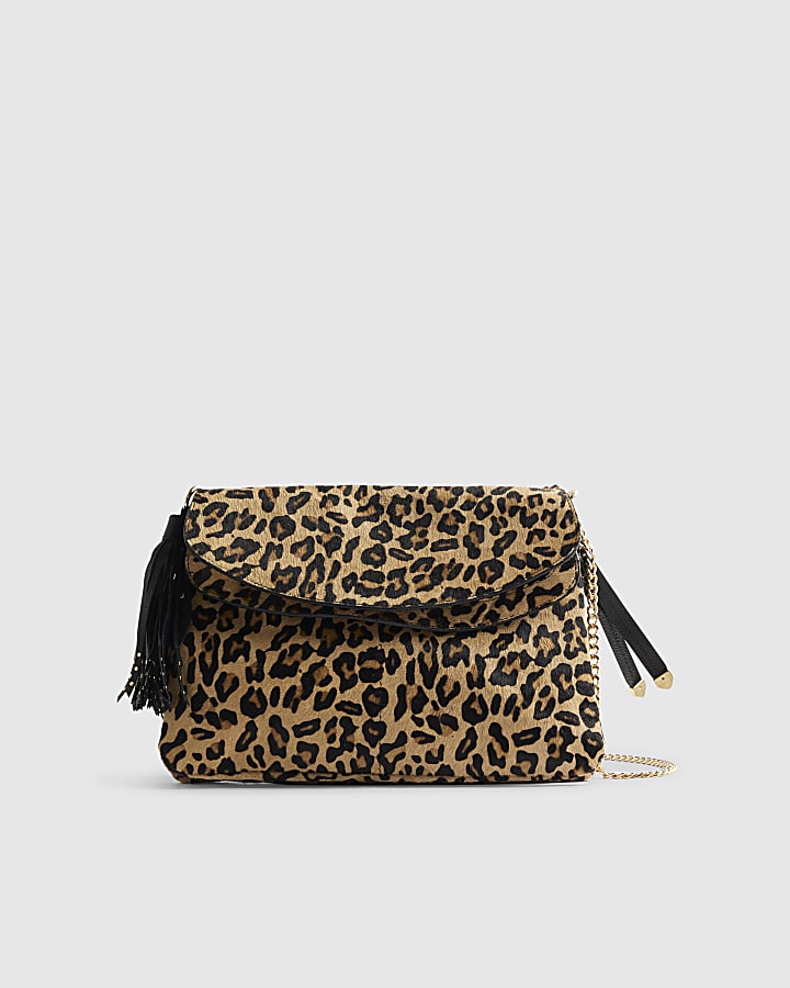 Brown Pony Hair Leopard Print Shoulder Bag