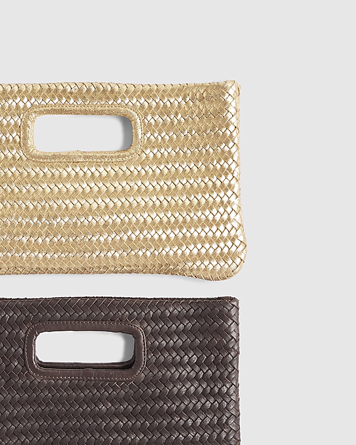 Gold Woven Leather Clutch Bag