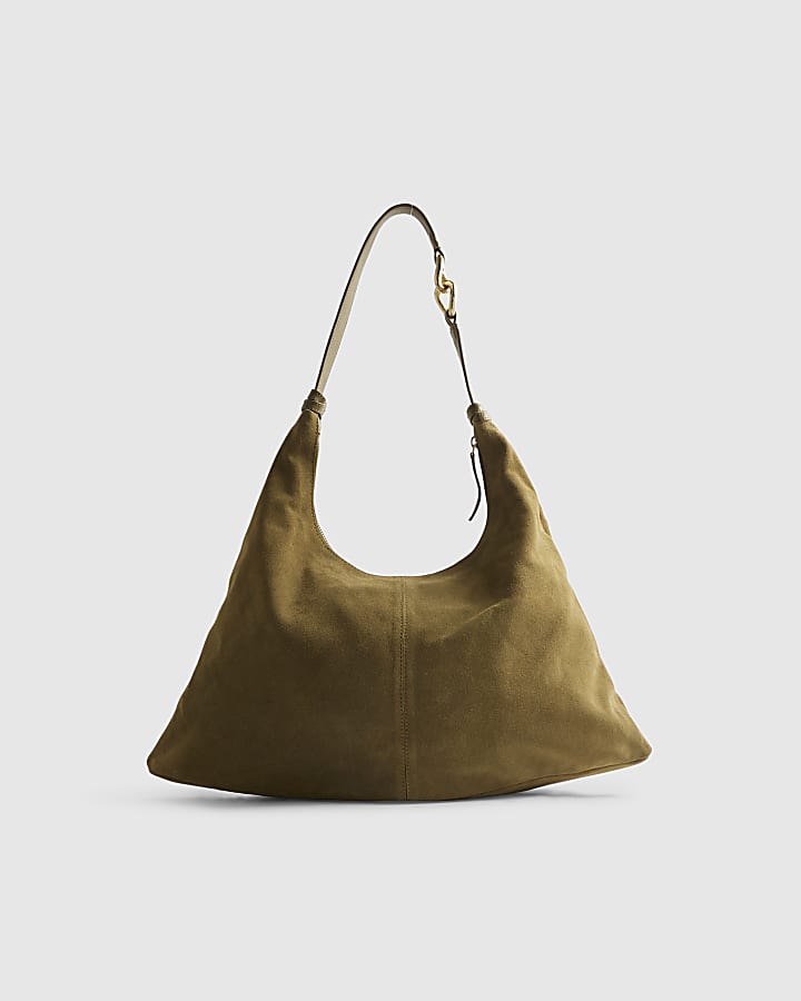 Khaki Suede Chain Link Handle Shoulder Bag