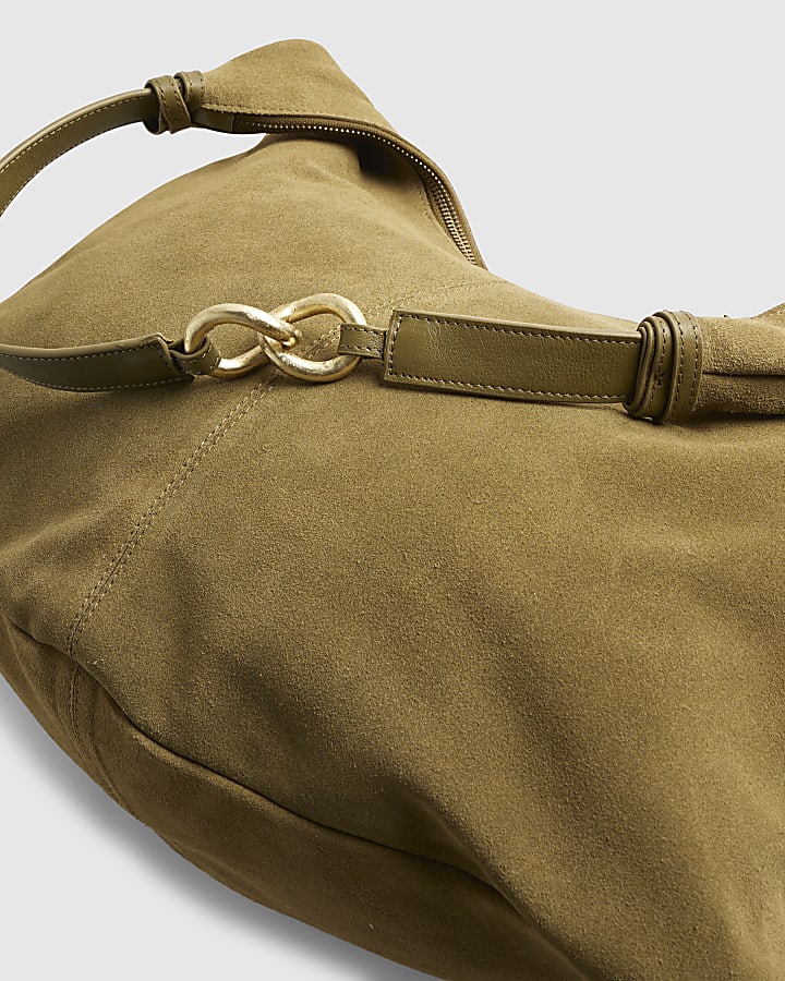 Khaki Suede Chain Link Handle Shoulder Bag