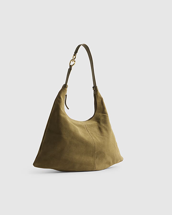 Khaki Suede Chain Link Handle Shoulder Bag