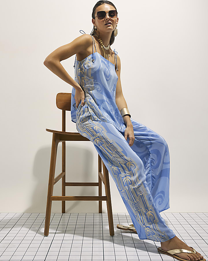 Blue Abstract Palm Print Trousers