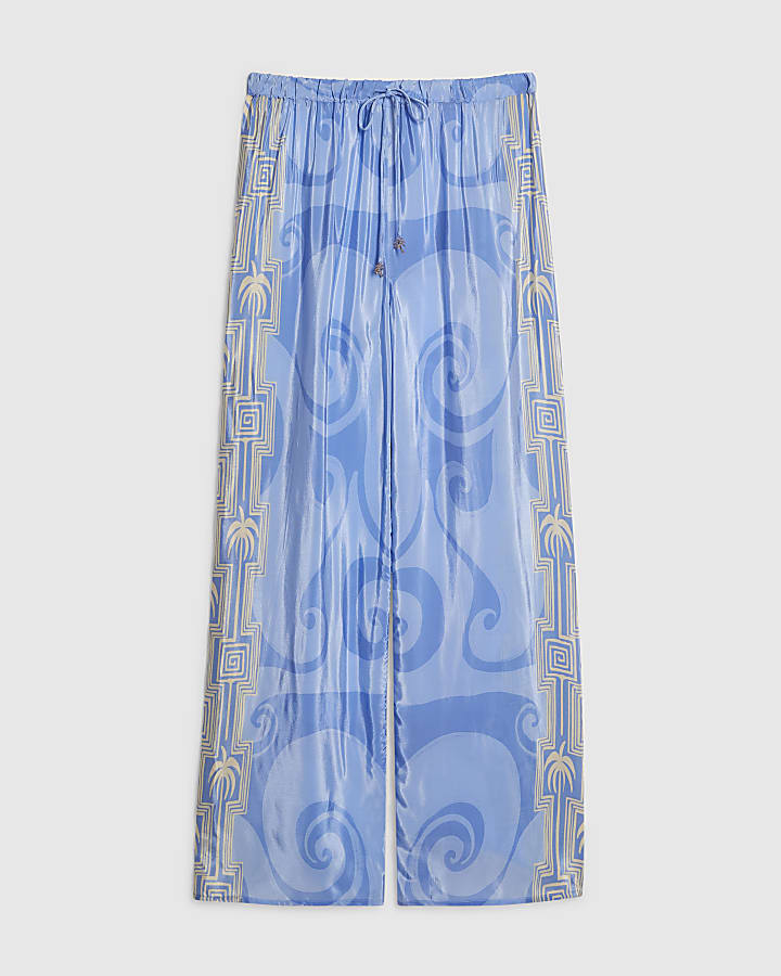 Blue Abstract Palm Print Trousers