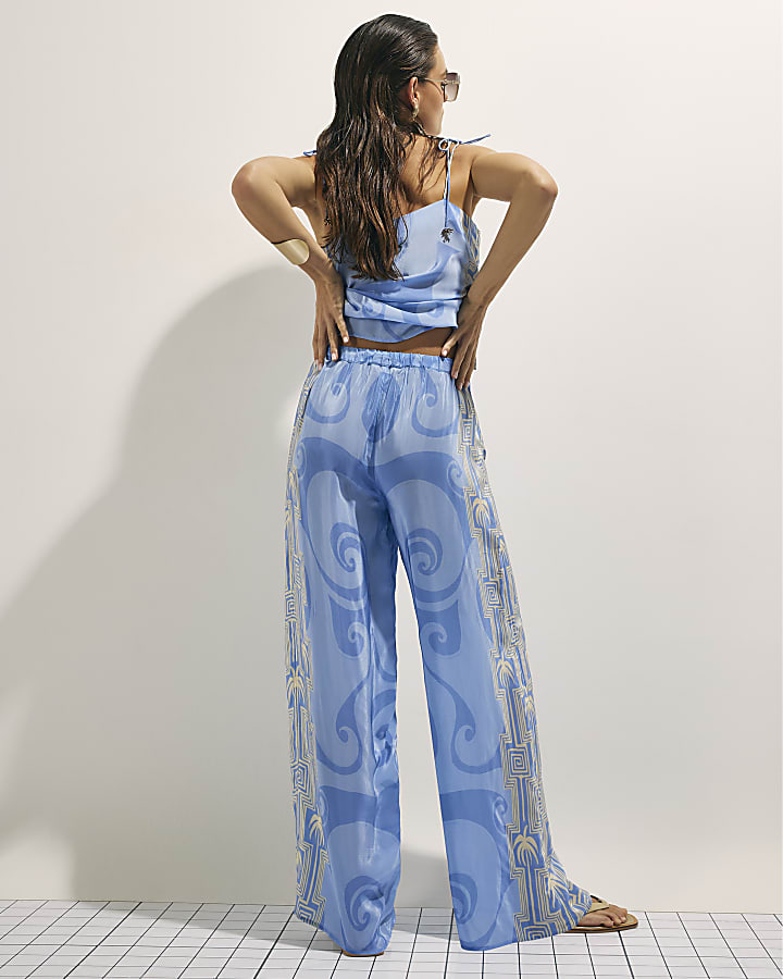 Blue Abstract Palm Print Trousers