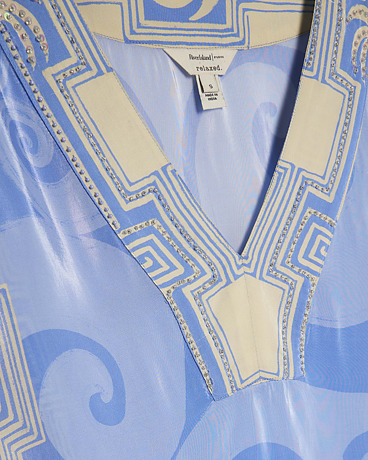Blue Abstract Palm Print Beach Tunic