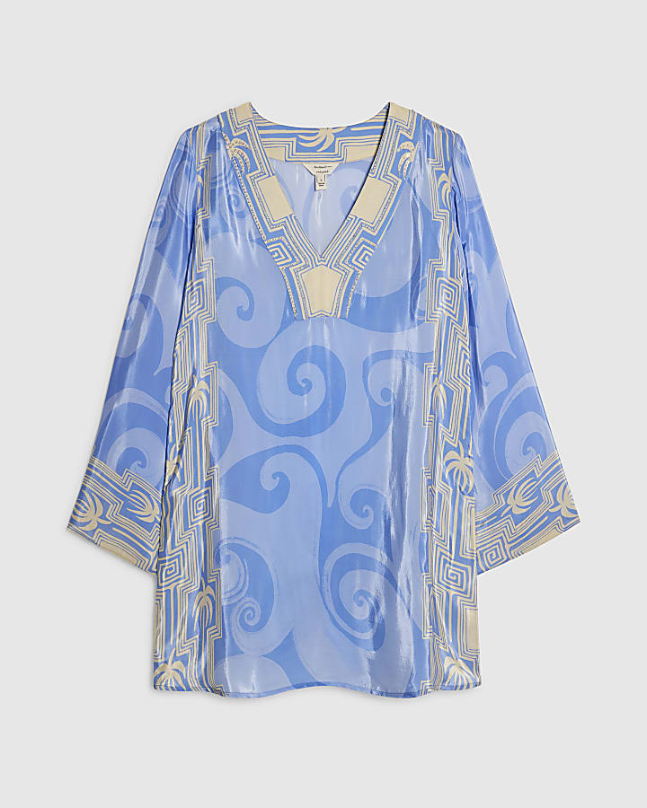 Blue Abstract Palm Print Beach Tunic