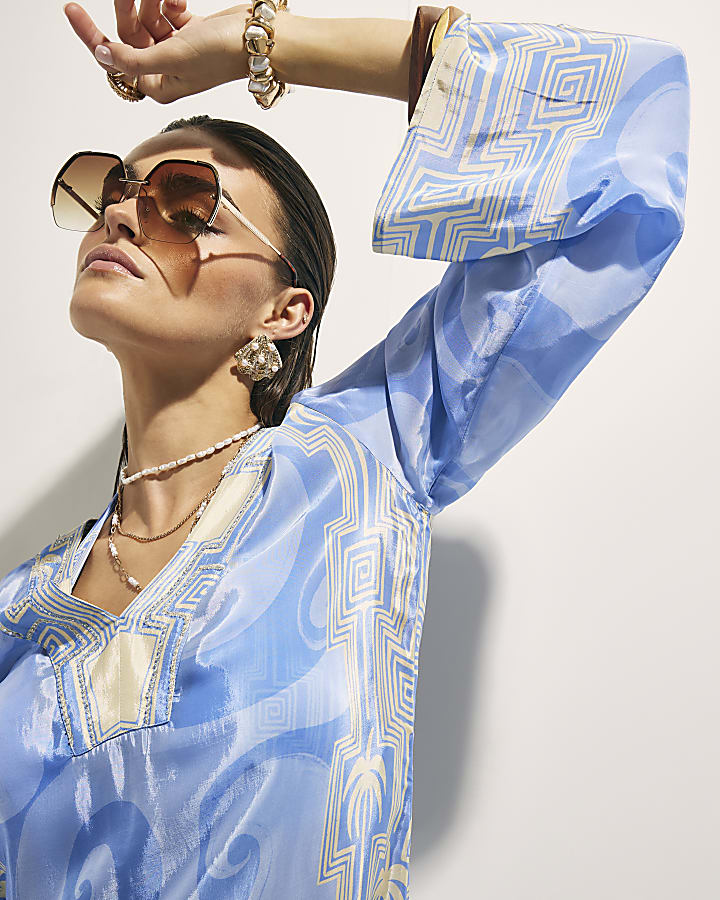 Blue Abstract Palm Print Beach Tunic