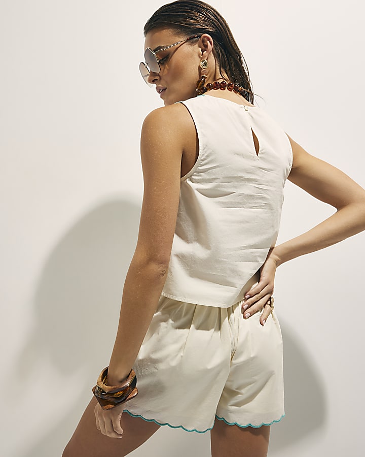 Cream Embroidered Tank Top