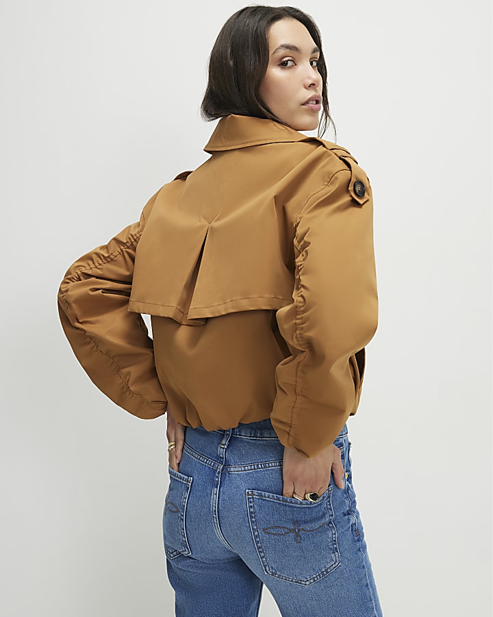 Brown Short Bubble Hem Trench Coat